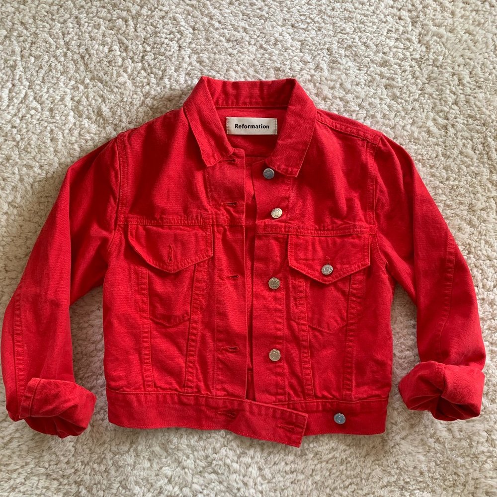 Reformation Red Denim Jacket. Size Extra Small